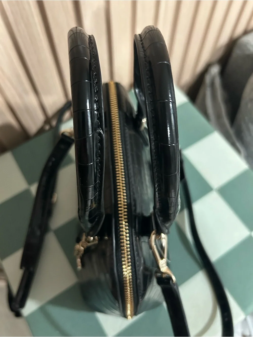DKNY Black Croc-Embossed Satchel with Gold Hardware